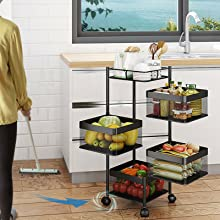 Square Kitchen Shelf 4 Layered Shelf Storage Rack Kitchen Rotating Vegetable Rack Floor-Standing