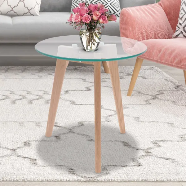 Modern Round Glass Dining Table Leisure Table with Wood Legs Office Reception Table