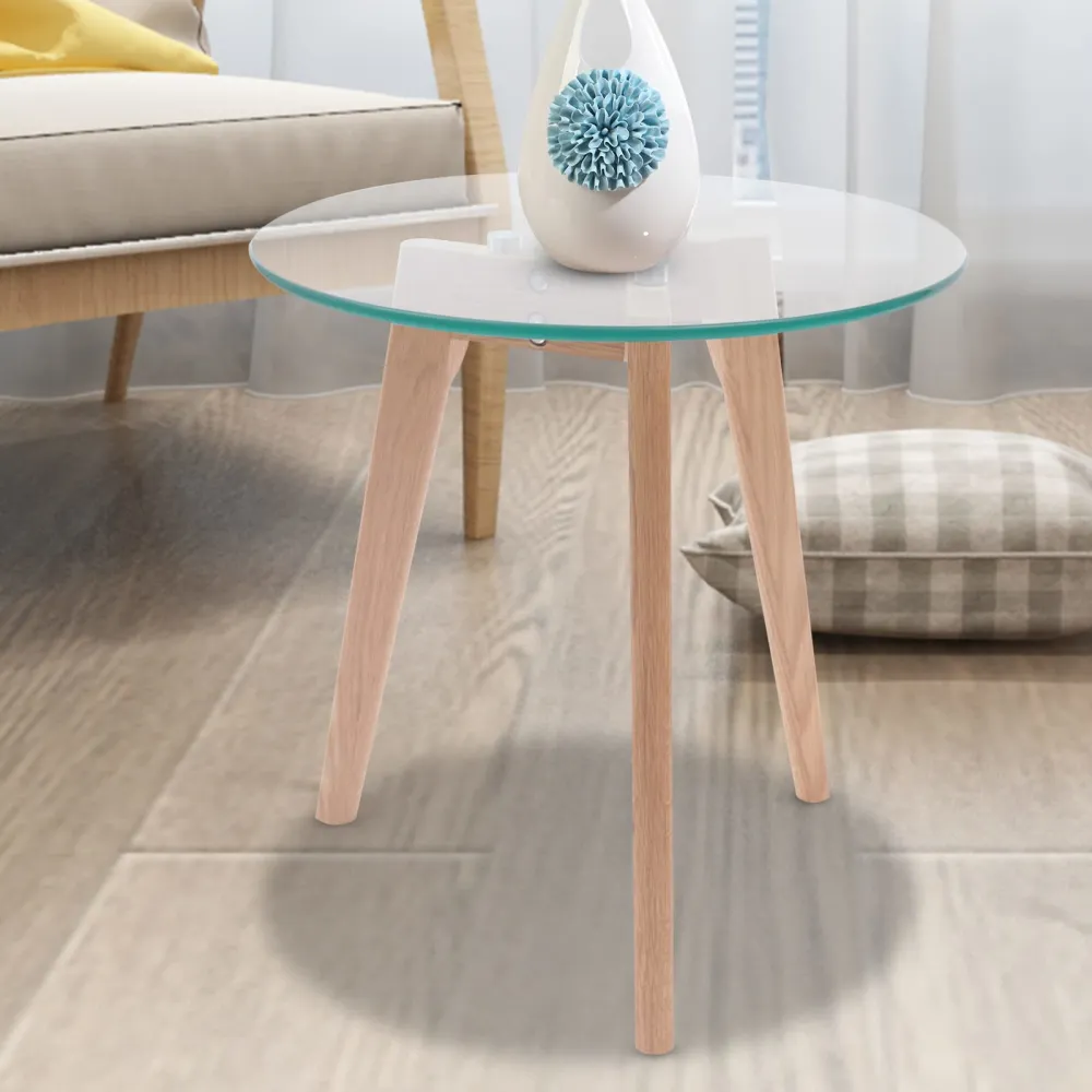 Modern Round Glass Dining Table Leisure Table with Wood Legs Office Reception Table