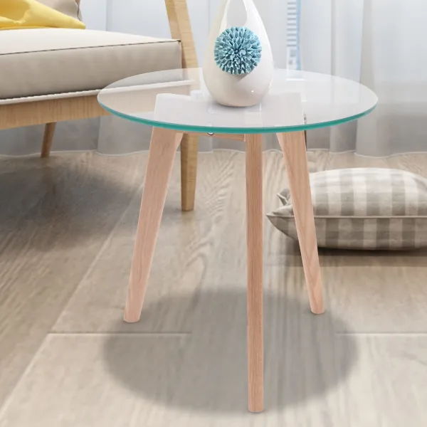 Modern Round Glass Dining Table Leisure Table with Wood Legs Office Reception Table