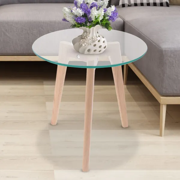 Modern Round Glass Dining Table Leisure Table with Wood Legs Office Reception Table