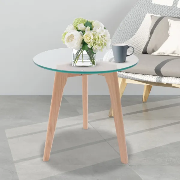 Modern Round Glass Dining Table Leisure Table with Wood Legs Office Reception Table Modern Round Glass Dining Table Leisure Table with Wood Legs Office Reception Table