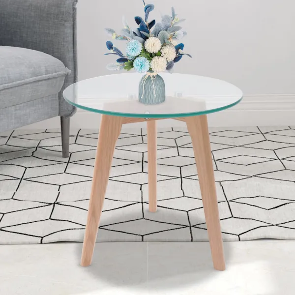 Modern Round Glass Dining Table Leisure Table with Wood Legs Office Reception Table