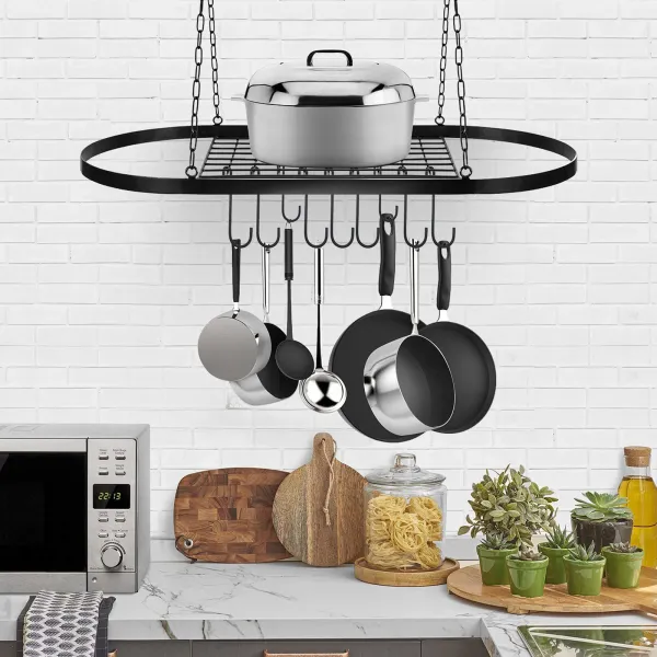 Ceiling Pot and Pan Rack Hanging Hanger Organizer Storage Rack with 10 Hooks Multi-purpose Organizer Holder(31.5" x 16.5")