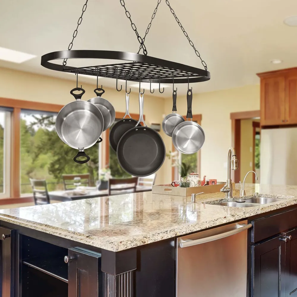 Ceiling Pot and Pan Rack Hanging Hanger Organizer Storage Rack with 10 Hooks Multi-purpose Organizer Holder(31.5" x 16.5")