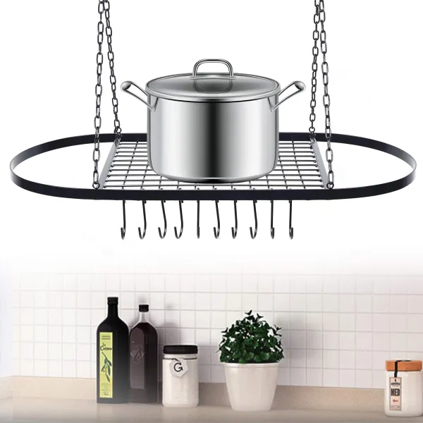 Ceiling Pot and Pan Rack Hanging Hanger Organizer Storage Rack with 10 Hooks Multi-purpose Organizer Holder(31.5" x 16.5")
