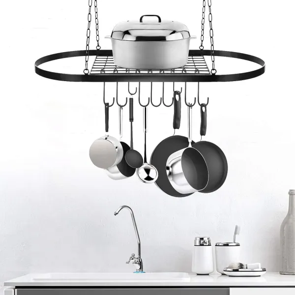 Ceiling Pot and Pan Rack Hanging Hanger Organizer Storage Rack with 10 Hooks Multi-purpose Organizer Holder(31.5" x 16.5")