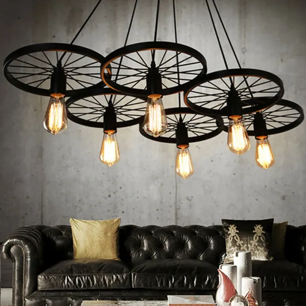 6 Lamp Holders Rustic Wagon Wheel Chandelier Ceiling Light Fixture Kitchen Bar