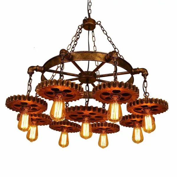 Retro Industrial Round Gear Wrought Iron Chandelier, Nine Heads, Retro Industrial Lamp, Durable, Rusty Lamp, Retro Mechanical Gear Style