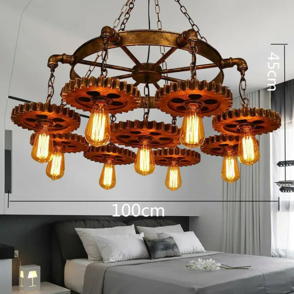 Retro Industrial Round Gear Wrought Iron Chandelier, Nine Heads, Retro Industrial Lamp, Durable, Rusty Lamp, Retro Mechanical Gear Style