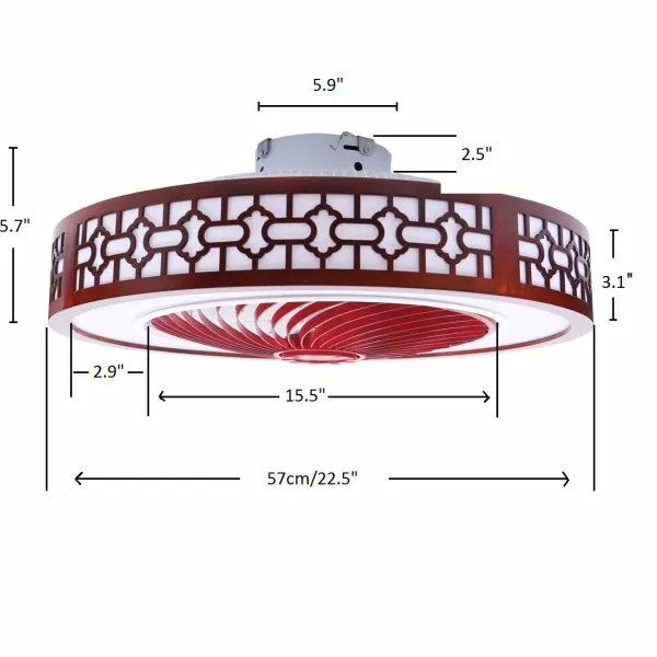 22 inch Chinese Style Flush Mount Ceiling Light with Fan, Invisible Blades Ceiling Fan with Lights