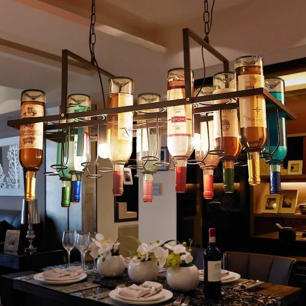 Retro Industrial Iron Chandelier Bar Wine Bottle Pendant Lamp Ceiling Lamp Decoration Suitable for Kitchen Island Farmhouse