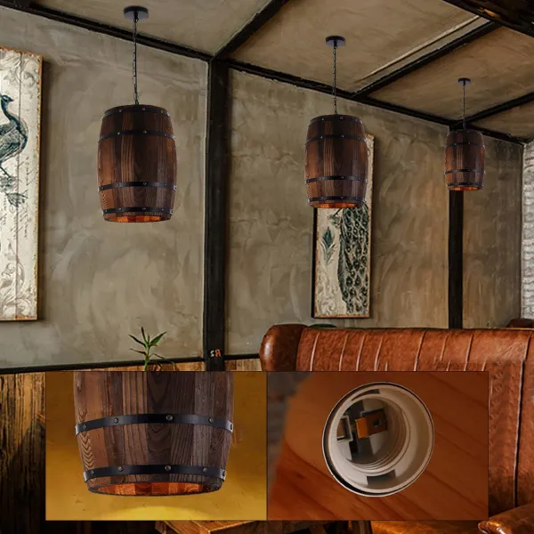 Industrial Retro Ceiling Light Chandelier Wooden Barrel Restaurant Bar Cafe Light