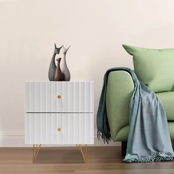 White and Gold Nightstand, Modern Night Stands Bedside Table with 2 Drawers