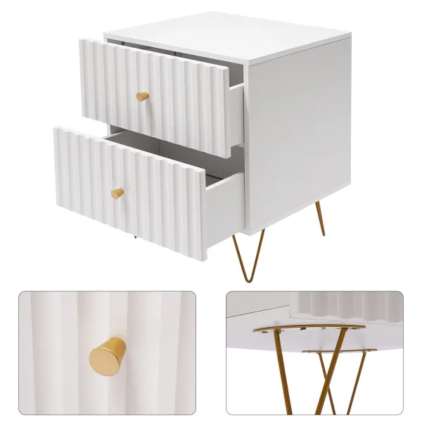 White and Gold Nightstand, Modern Night Stands Bedside Table with 2 Drawers