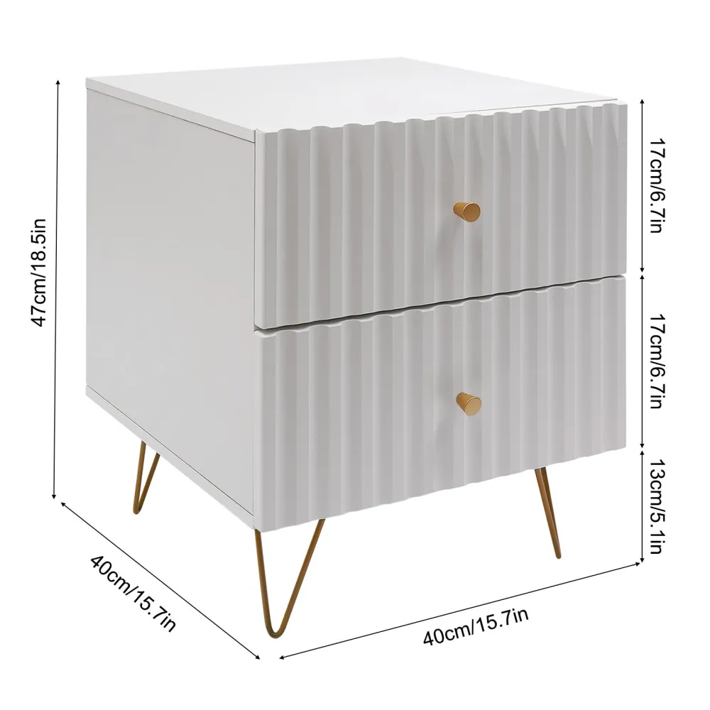 White and Gold Nightstand, Modern Night Stands Bedside Table with 2 Drawers