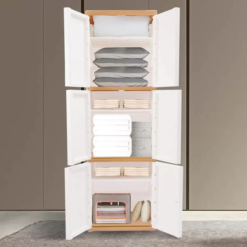3 Layers Storage Drawer Units Modern Plastic Storage Dressers Double Door of Compartment Storage Cabinet for Closet (Khaki+White)