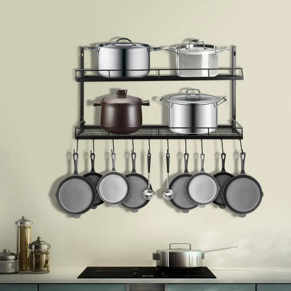 Hanging Pot Rack Wall Mounted 2 Tiers Pot and Pan Hanging Rack with 10 Hooks Kitchen Pan and Pot Hanger