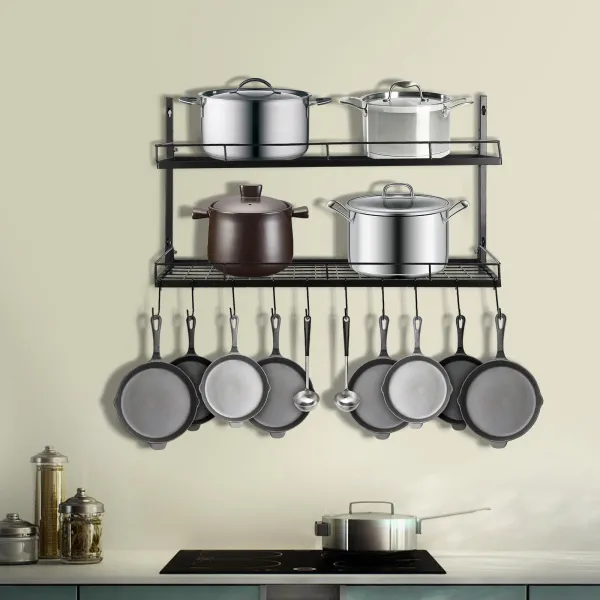 Hanging Pot Rack Wall Mounted 2 Tiers Pot and Pan Hanging Rack with 10 Hooks Kitchen Pan and Pot Hanger