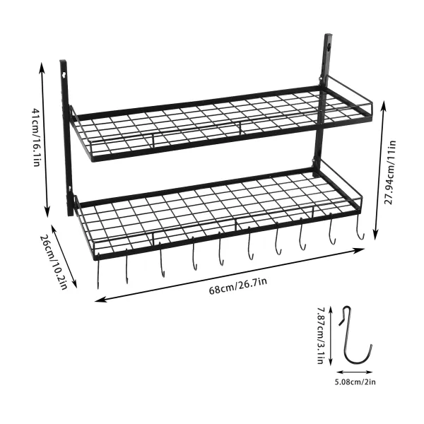 Hanging Pot Rack Wall Mounted 2 Tiers Pot and Pan Hanging Rack with 10 Hooks Kitchen Pan and Pot Hanger