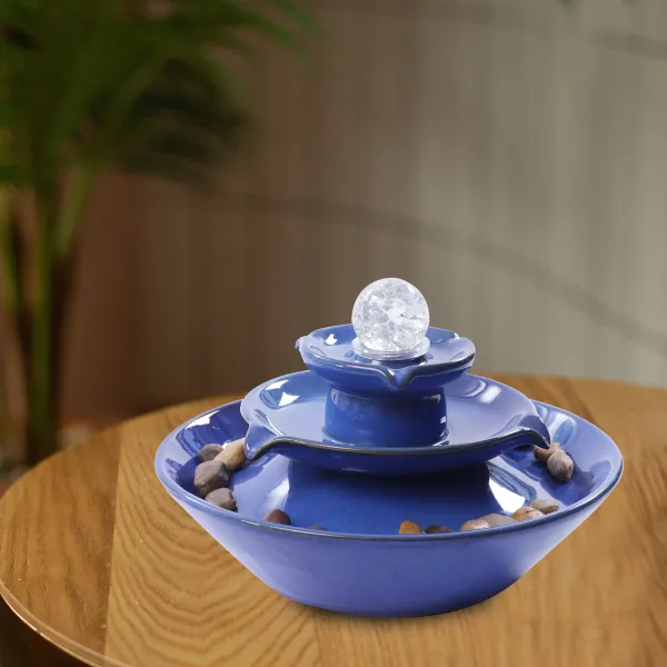 Ceramic Tabletop Fountain with Ball for Indoor Table Desk Office Patio (Blue)