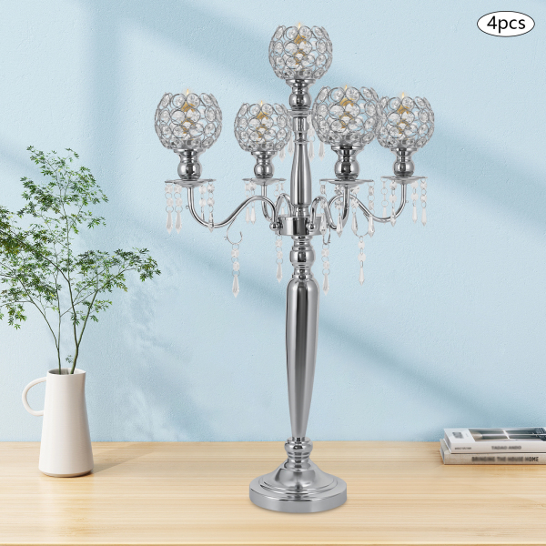 4 Pcs 5 Arm Crystal Candelabra Centerpieces Super Solid Silver Candle Holder Crystal Candle Holder for Living Room Bedroom Silver