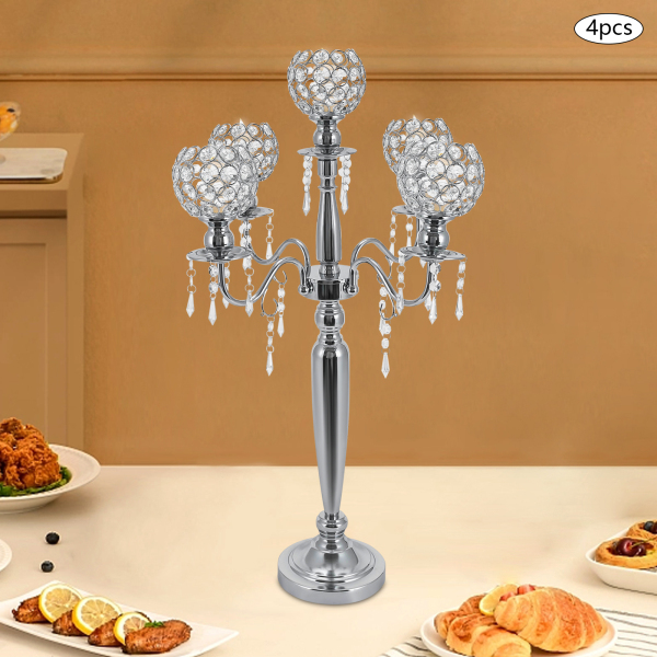4 Pcs 5 Arm Crystal Candelabra Centerpieces Super Solid Silver Candle Holder Crystal Candle Holder for Living Room Bedroom Silver