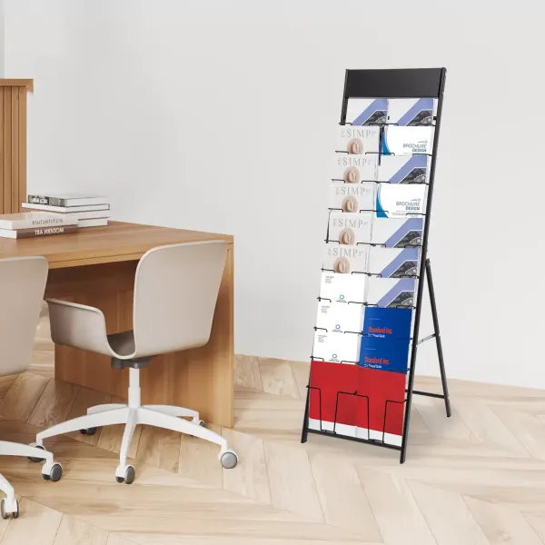 Double A4 Magazine Display Stand 10-Tier Metal Brochure Display Stand for Home Office Retail Store, Black