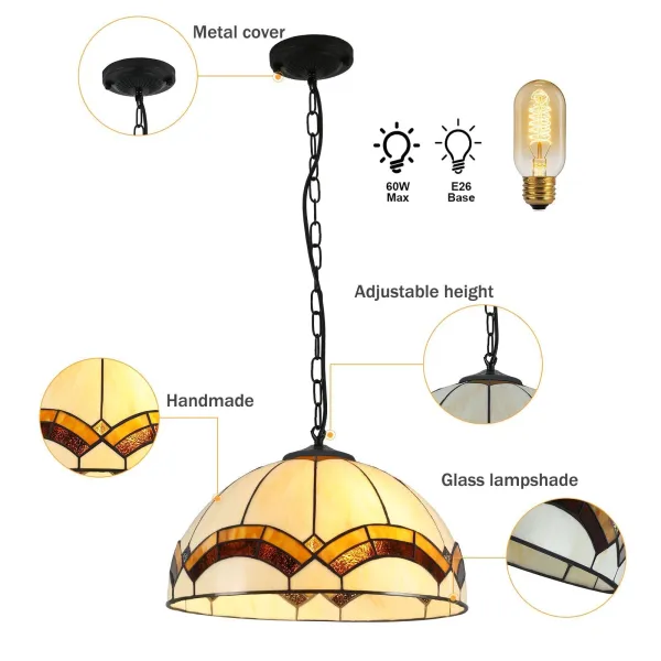 16inch Pendant Light Stained Glass Hanging Lamp for Kitchen Island Dining Room
