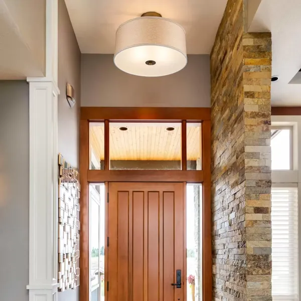 Euro Design Modern Close to Ceiling Light Semi Flush Mount Fixture 15" Wide Brushed Linen Drum Shade