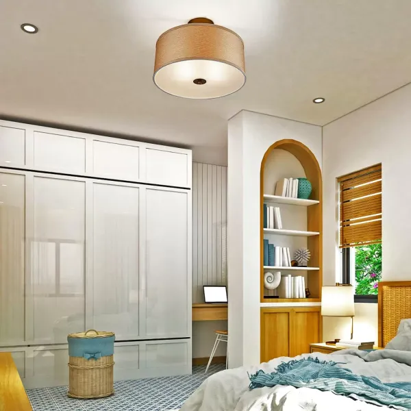 Euro Design Modern Close to Ceiling Light Semi Flush Mount Fixture 15" Wide Brushed Linen Drum Shade