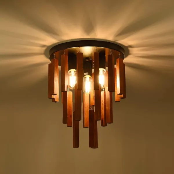3-Light Semi Flush Mount Ceiling Light Fixture Rustic Wooden Chandelier Retro Ceiling Lamp Oak and Black with E26