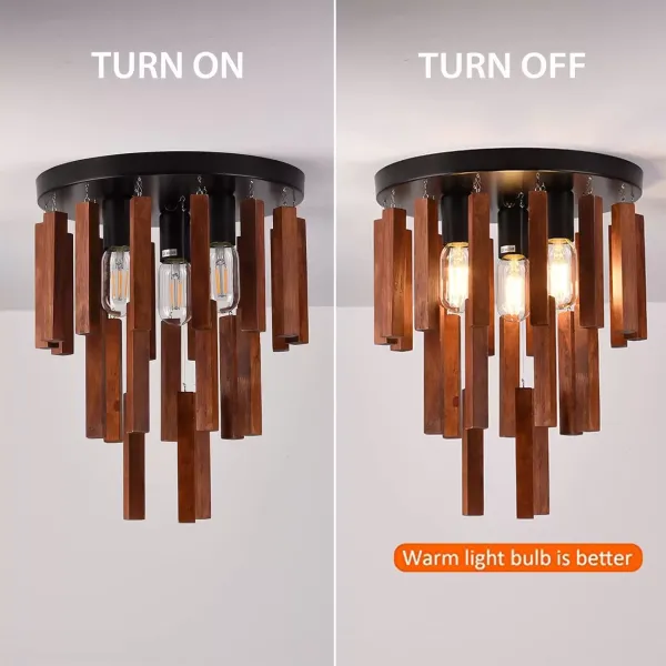 3-Light Semi Flush Mount Ceiling Light Fixture Rustic Wooden Chandelier Retro Ceiling Lamp Oak and Black with E26