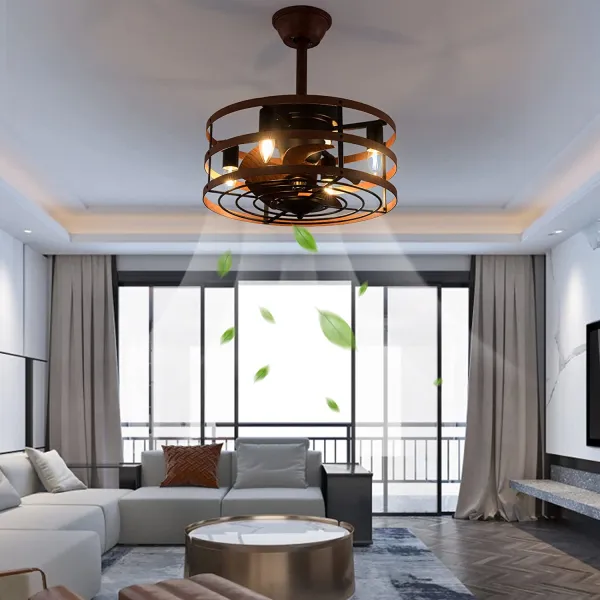 18'' Caged Ceiling Fan with Lights Remote Control, Rustic Farmhouse Ceiling Fan with Light
