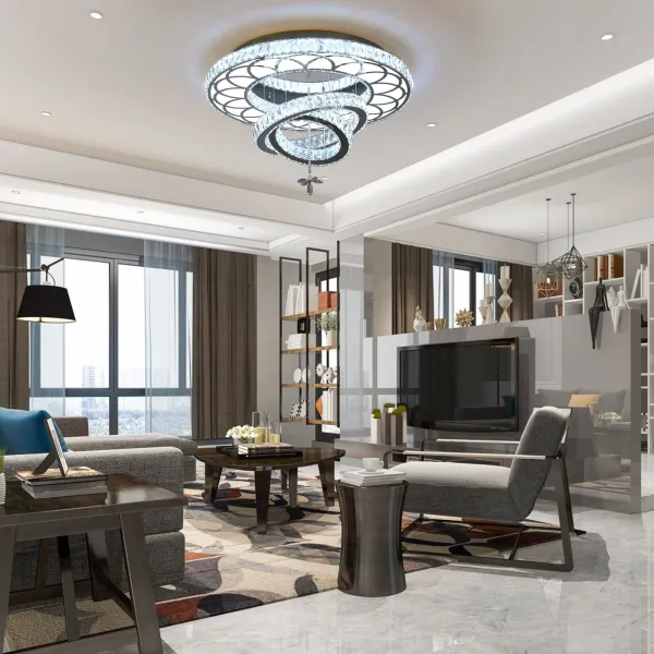 Modern Round Crystal Ceiling Light White+Clear,Crystal Chandelier 110-240V/80W with Remote Control ,Memory Function and Adjustable Working Time