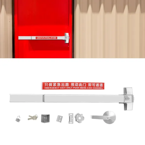 Panic Bar Exit Device Silver, Push Bar for Exit Doors & Exit Lever with Key, Warning Strike Bar with Warning Stickers Panic Bar Exit Device Silver, Push Bar for Exit Doors & Exit Lever with Key, Warning Strike Bar with Warning Stickers