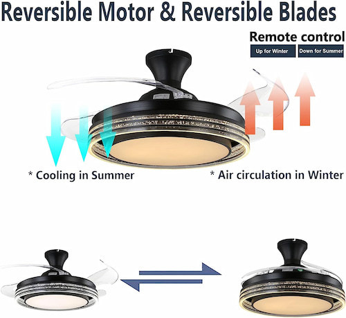 42'' Retractable Ceiling Fans with Lights and Remote Modern LED Ceiling Fan Black Color 6 Speeds Timing Chandelier