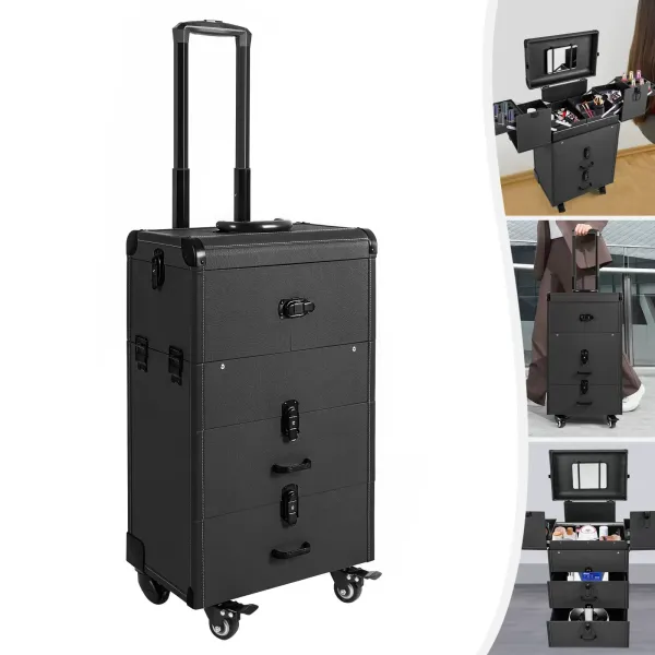 Rolling Makeup Case, Lockable Portable Cosmetic Organizer Trolley, Large Make up Cosmetic Orgainzer(Black)