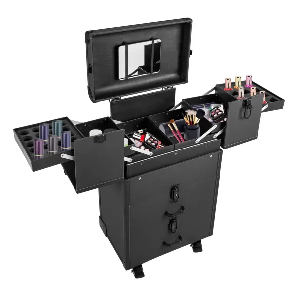 Rolling Makeup Case, Lockable Portable Cosmetic Organizer Trolley, Large Make up Cosmetic Orgainzer(Black)
