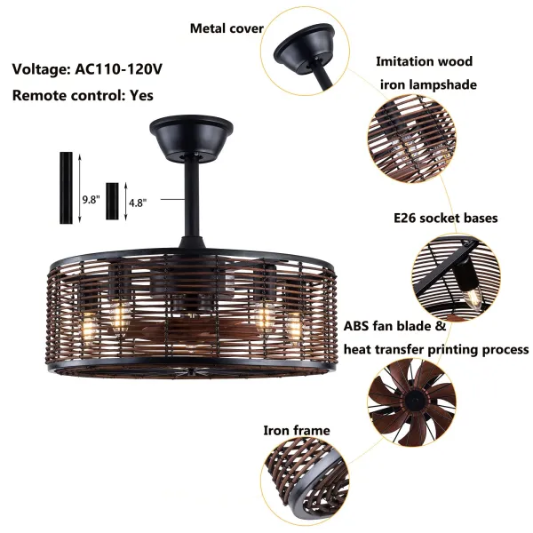Farmhouse Enclosed Ceiling Fan Lighting Kits with 3 Speeds Motor